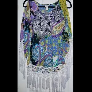 Chico's Retro Paisley Fringe Poncho Tunic Top Sz M
